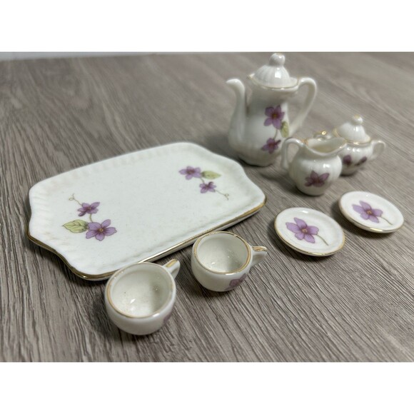 10pc VTG Dollhouse Miniatures Bone China Tea Set Floral Cups Saucers Tray Taiwan - Picture 3 of 8
